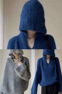 Stylish Blue Hooded Oversized Knit Pullover Winter