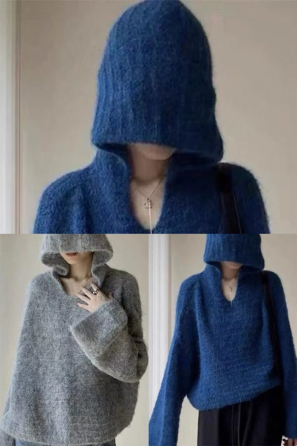 Stylish Blue Hooded Oversized Knit Pullover Winter