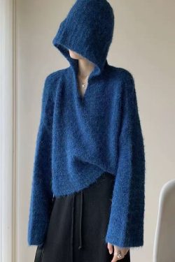 Stylish Blue Hooded Oversized Knit Pullover Winter