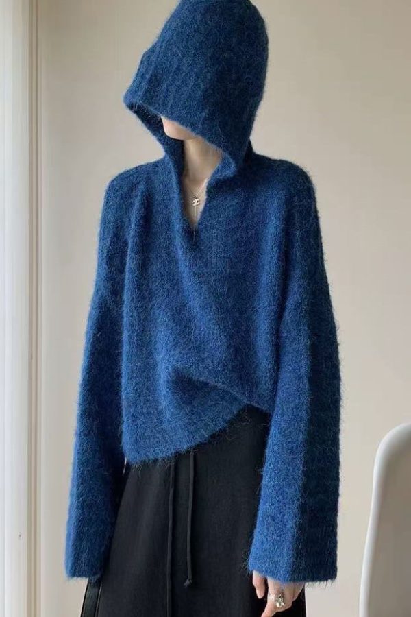 Stylish Blue Hooded Oversized Knit Pullover Winter