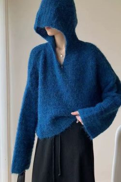 Stylish Blue Hooded Oversized Knit Pullover Winter