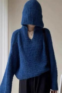 Stylish Blue Hooded Oversized Knit Pullover Winter