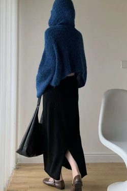 Stylish Blue Hooded Oversized Knit Pullover Winter