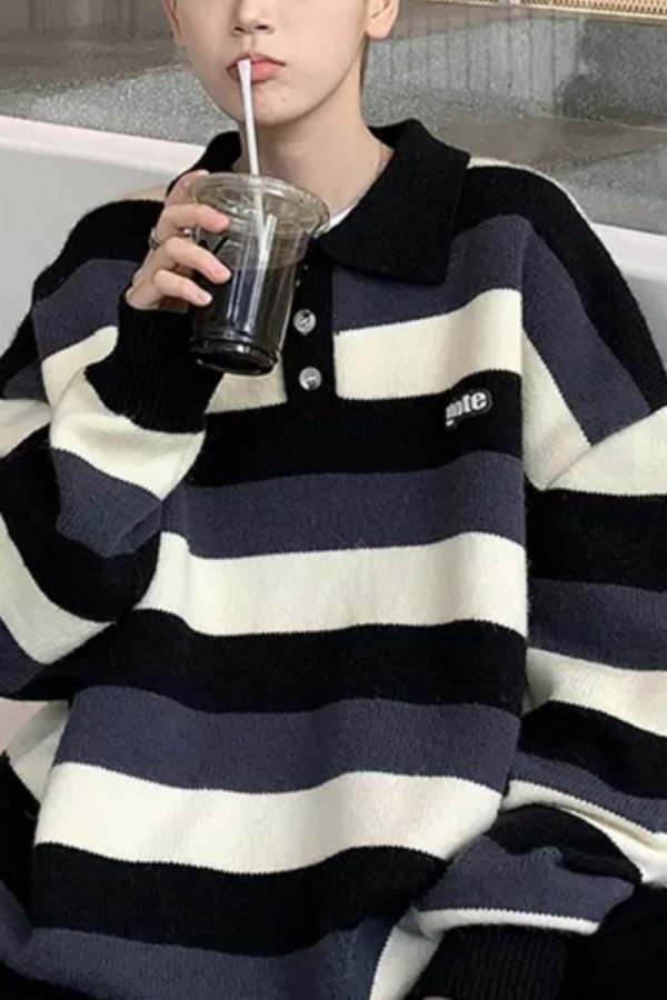 Stylish Blue Peter Pan Collar Thick Striped Men Sweater Tops Winter