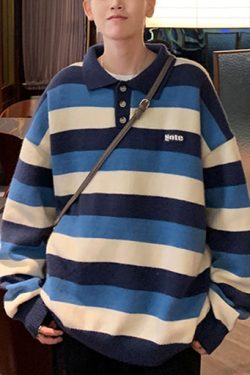 Stylish Blue Peter Pan Collar Thick Striped Men Sweater Tops Winter