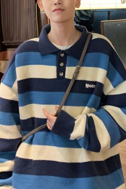 Stylish Blue Peter Pan Collar Thick Striped Men Sweater Tops Winter