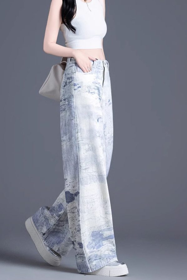 Stylish Blue Pockets Tie Dye Cotton Straight Pants Spring