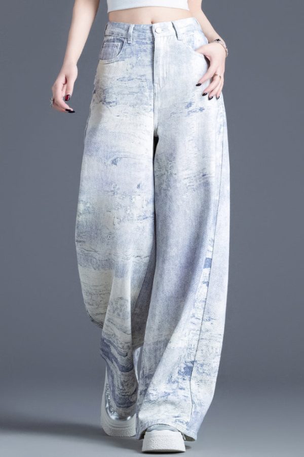 Stylish Blue Pockets Tie Dye Cotton Straight Pants Spring