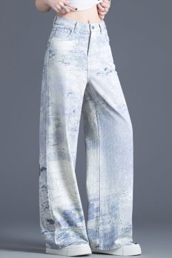 Stylish Blue Pockets Tie Dye Cotton Straight Pants Spring