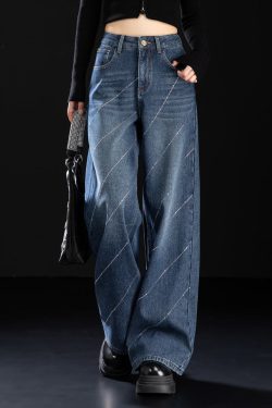 Stylish Blue Pockets Zircon Warm Fleece Denim Pants Winter