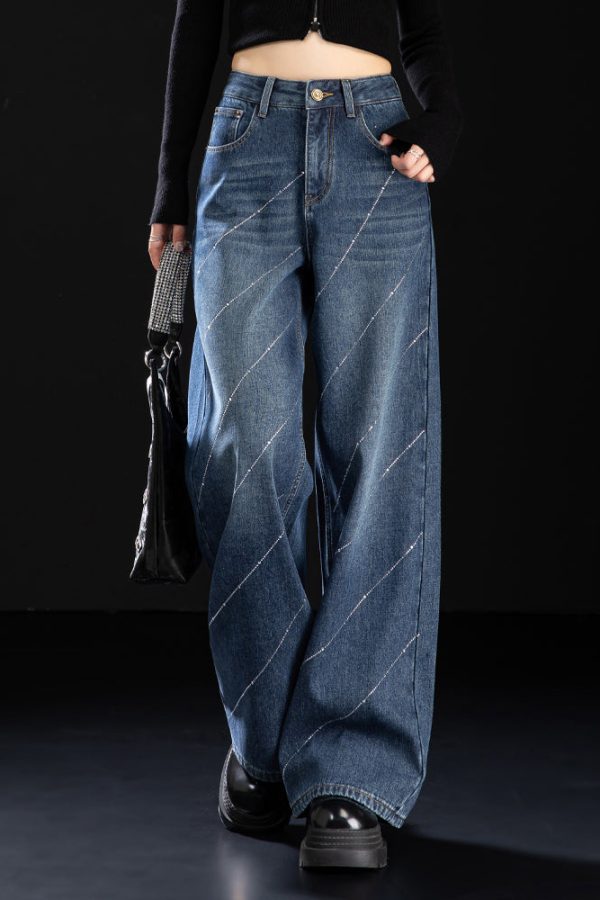 Stylish Blue Pockets Zircon Warm Fleece Denim Pants Winter