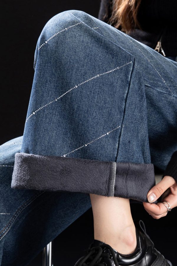 Stylish Blue Pockets Zircon Warm Fleece Denim Pants Winter