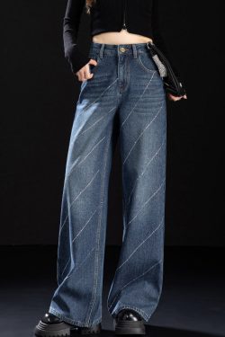 Stylish Blue Pockets Zircon Warm Fleece Denim Pants Winter