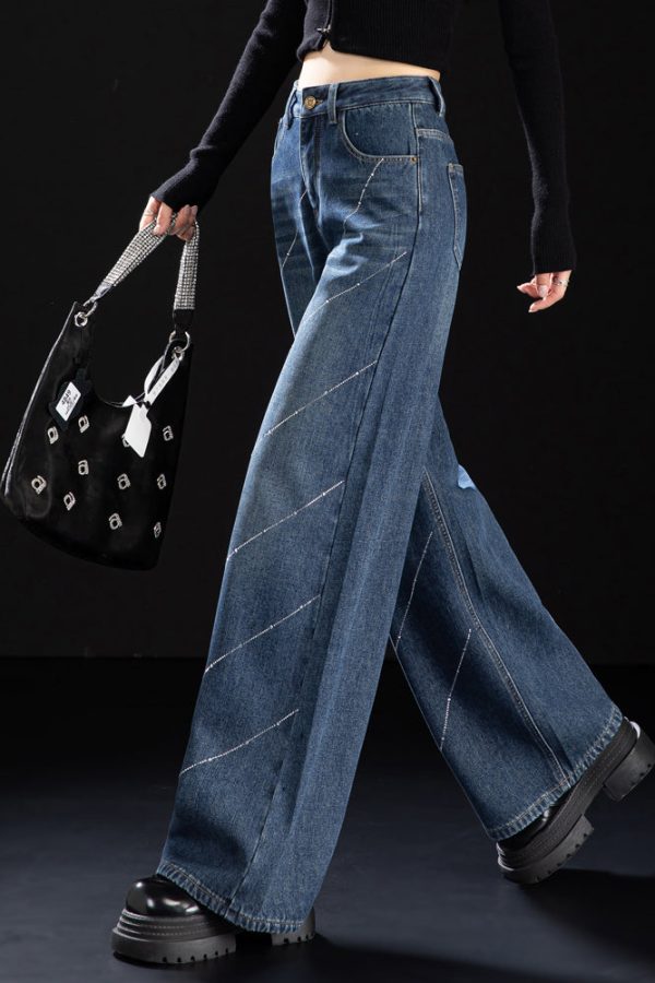 Stylish Blue Pockets Zircon Warm Fleece Denim Pants Winter