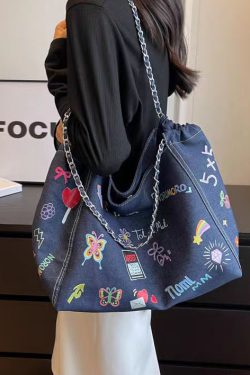 Stylish Blue Print Denim Large Capacity Satchel Bag Handbag