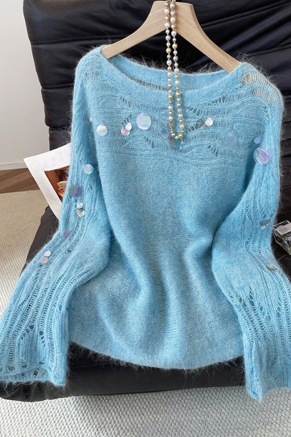Stylish Blue Sequins Hollow Out Knit Sweater Fall