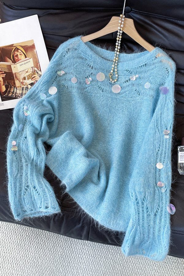 Stylish Blue Sequins Hollow Out Knit Sweater Fall