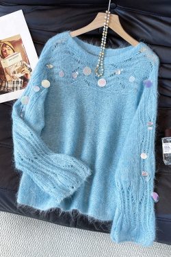 Stylish Blue Sequins Hollow Out Knit Sweater Fall