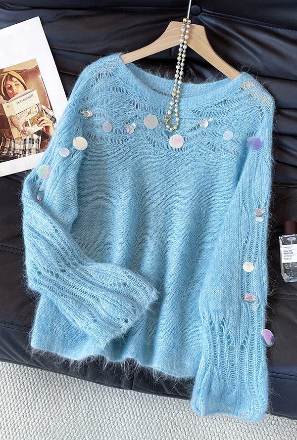 Stylish Blue Sequins Hollow Out Knit Sweater Fall