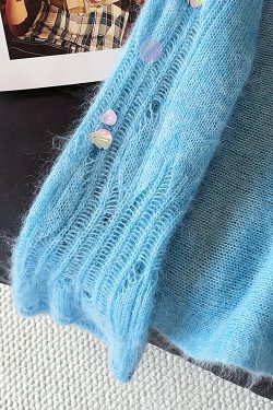 Stylish Blue Sequins Hollow Out Knit Sweater Fall