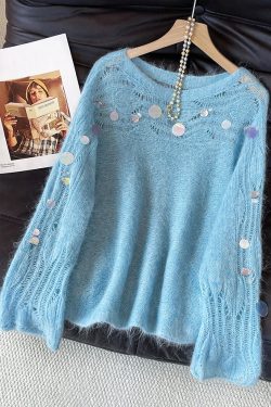 Stylish Blue Sequins Hollow Out Knit Sweater Fall