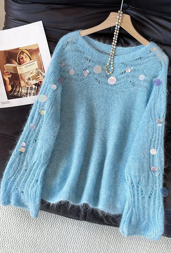 Stylish Blue Sequins Hollow Out Knit Sweater Fall