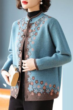 Stylish Blue Stand Collar Button Knitted Cotton Coat Fall