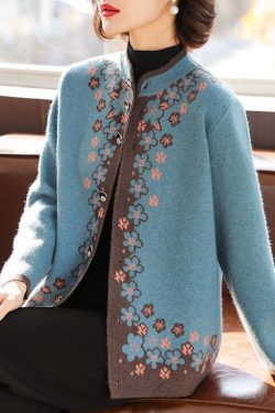 Stylish Blue Stand Collar Button Knitted Cotton Coat Fall