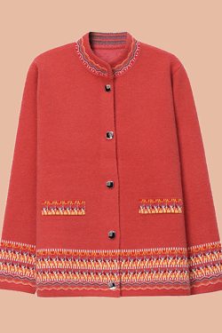 Stylish Blue Stand Collar Print Cotton Knit Cardigans Fall