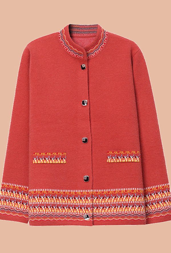 Stylish Blue Stand Collar Print Cotton Knit Cardigans Fall