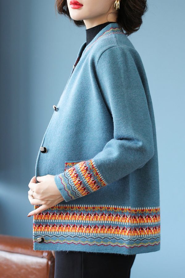 Stylish Blue Stand Collar Print Cotton Knit Cardigans Fall