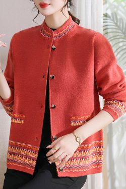 Stylish Blue Stand Collar Print Cotton Knit Cardigans Fall