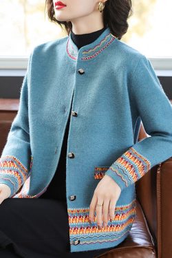 Stylish Blue Stand Collar Print Cotton Knit Cardigans Fall