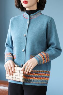 Stylish Blue Stand Collar Print Cotton Knit Cardigans Fall