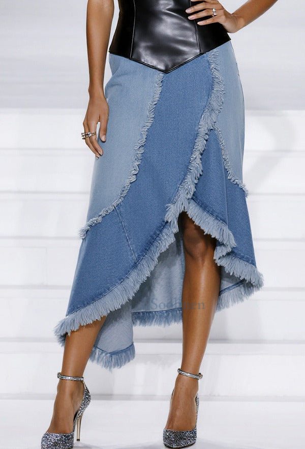 Stylish Blue Tasseled Patchwork Faux Leather Denim Mini Dresses Summer