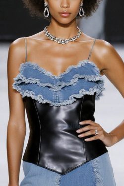 Stylish Blue Tasseled Patchwork Faux Leather Denim Mini Dresses Summer