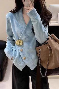 Stylish Blue V Neck Button Faux Suede Coats Spring