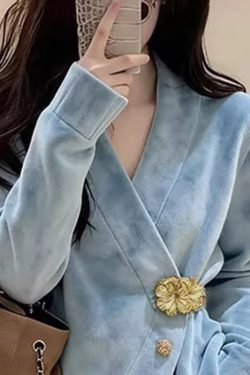 Stylish Blue V Neck Button Faux Suede Coats Spring