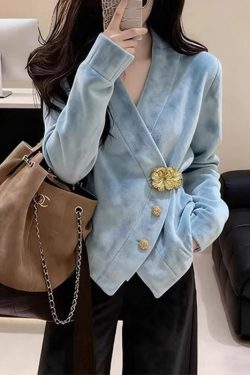 Stylish Blue V Neck Button Faux Suede Coats Spring