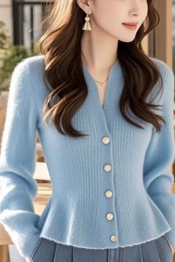 Stylish Blue V Neck Button Solid Knit Sweater Spring