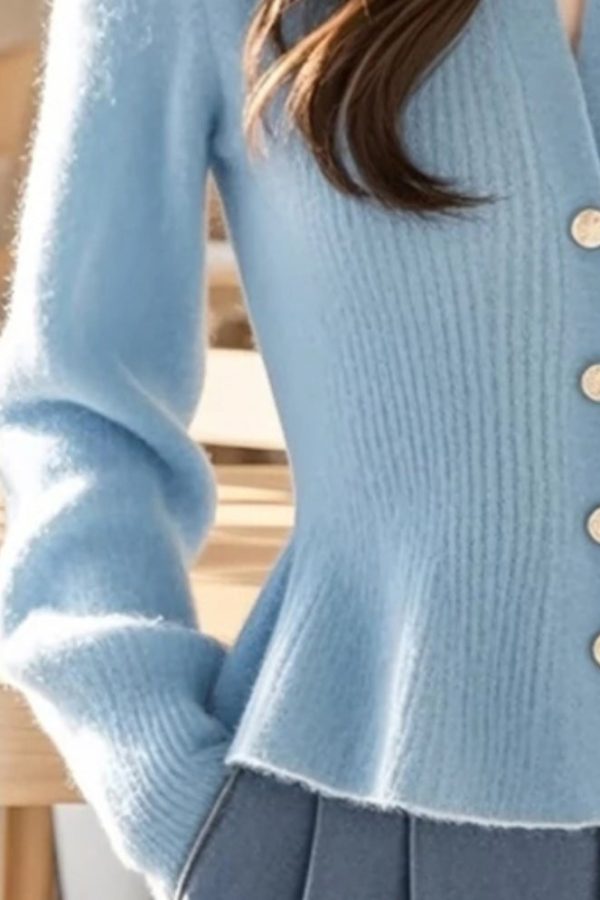 Stylish Blue V Neck Button Solid Knit Sweater Spring