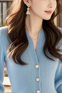 Stylish Blue V Neck Button Solid Knit Sweater Spring