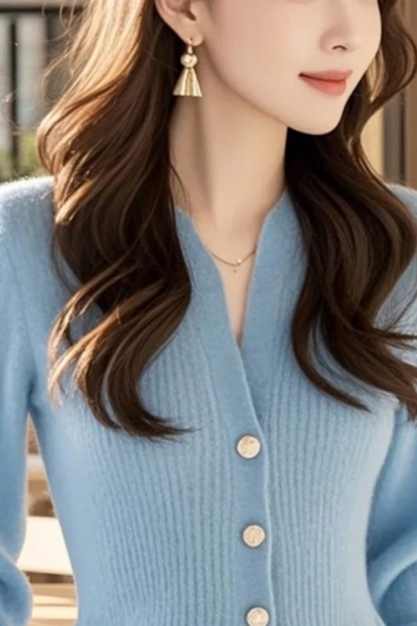 Stylish Blue V Neck Button Solid Knit Sweater Spring