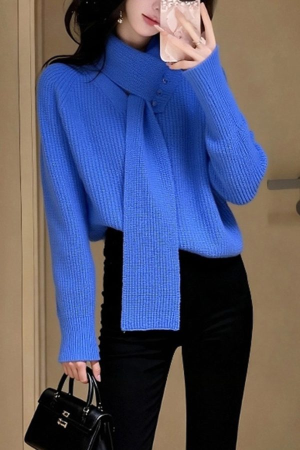 Stylish Blue V Neck With Scarf Knit Sweater Winter