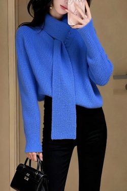 Stylish Blue V Neck With Scarf Knit Sweater Winter