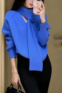 Stylish Blue V Neck With Scarf Knit Sweater Winter