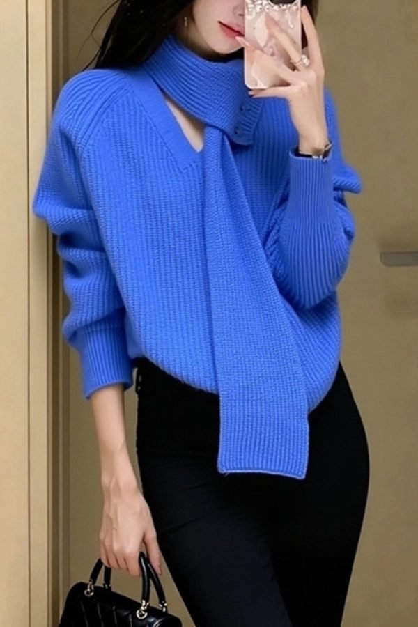 Stylish Blue V Neck With Scarf Knit Sweater Winter