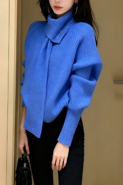 Stylish Blue V Neck With Scarf Knit Sweater Winter