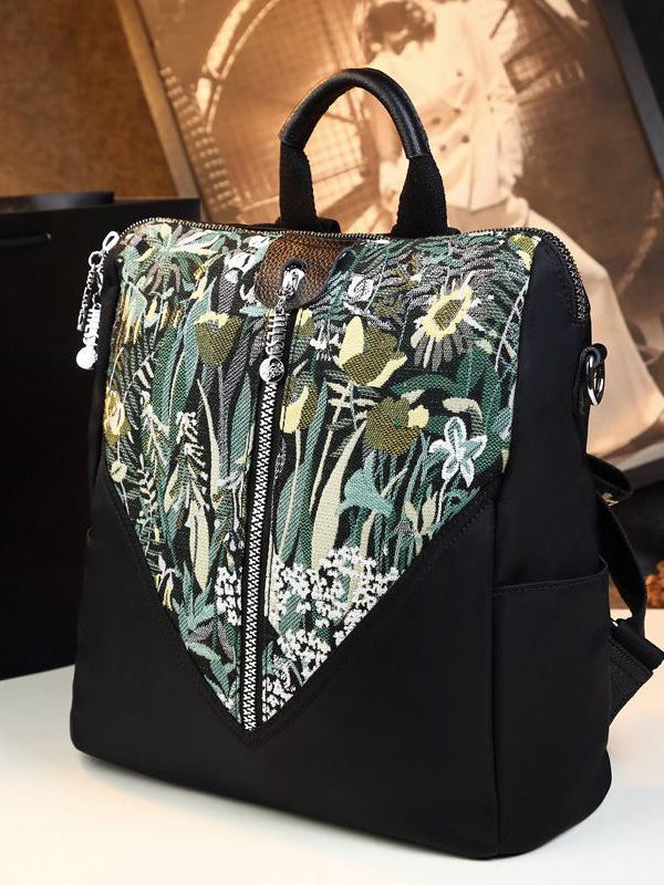 Stylish Boutique Black Print Patchwork  Calf Leather Backpack Bag