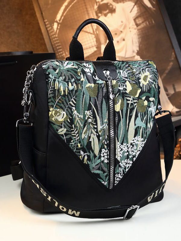 Stylish Boutique Black Print Patchwork  Calf Leather Backpack Bag